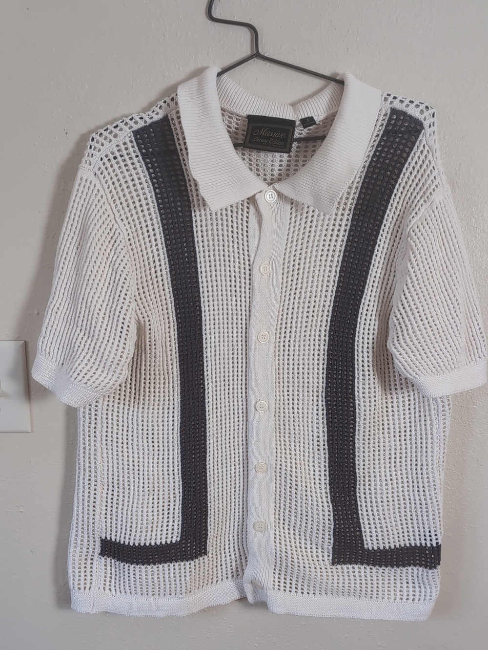 Men's White Open-Knit Polo with Black Stripe Detail S